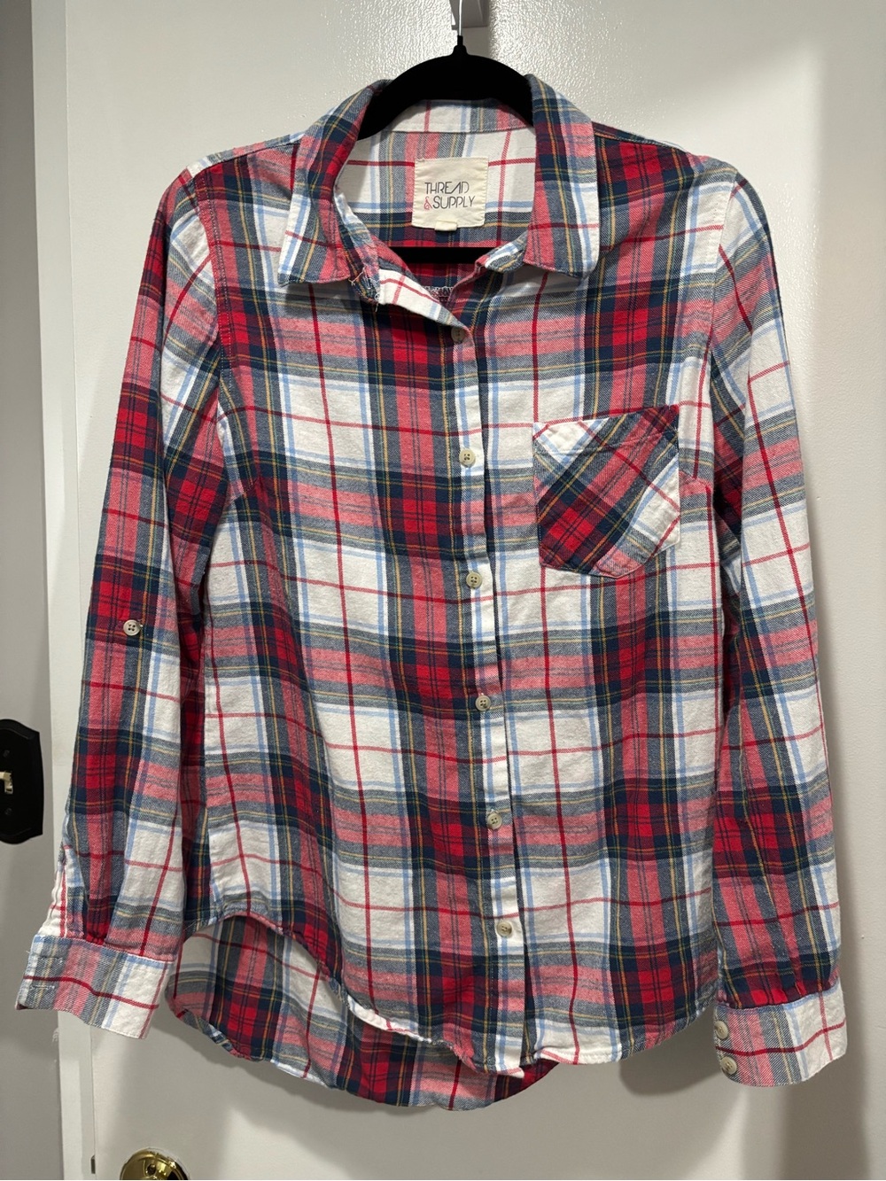 Thread & Supply Red Navy White Plaid Shirt Medium